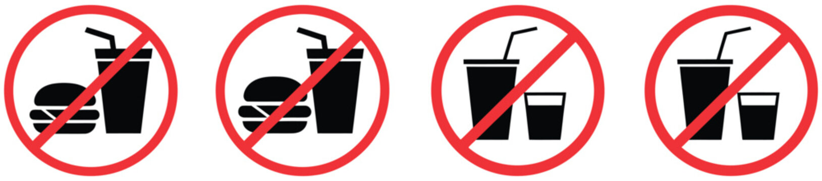 Food and drink prohibition vector icon set featuring no eating symbols for fast food, beverages, and junk food restrictions in warning signage, regulation systems, and control notices, vector, designs