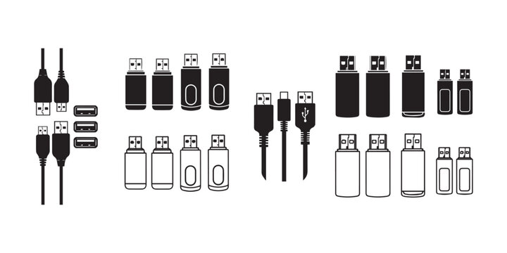 Set of various USB cables and connectors on table