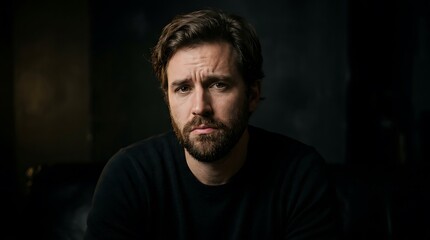Obraz premium Serious man with thoughtful expression in dimly lit indoor setting