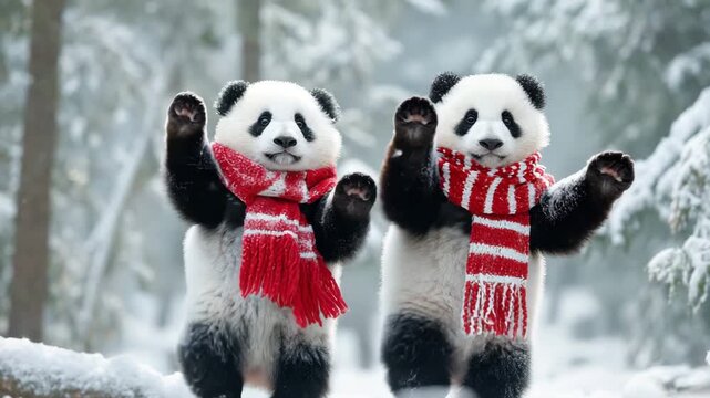Two pandas dancing together in snow covered forest wearing festive scarves soft natural lighting clean scene