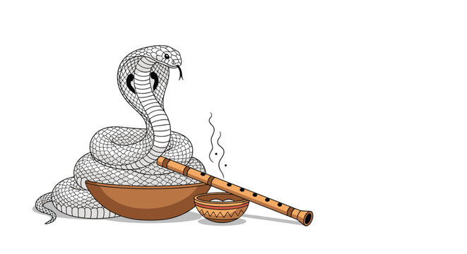 Fierce Indian cobra rises from a clay basket in response to a traditional wooden flute played by a snake charmer.