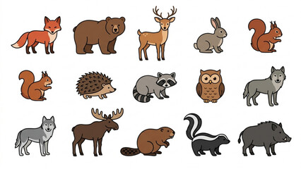 Obraz premium Cute Forest Animal Icons Vector Set – Fox, Bear, Deer and Woodland Friends Collection