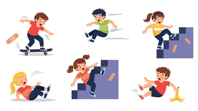 Collection of diverse cartoon children experiencing common accidents like falling off a skateboard, slipping on a banana, or tripping.