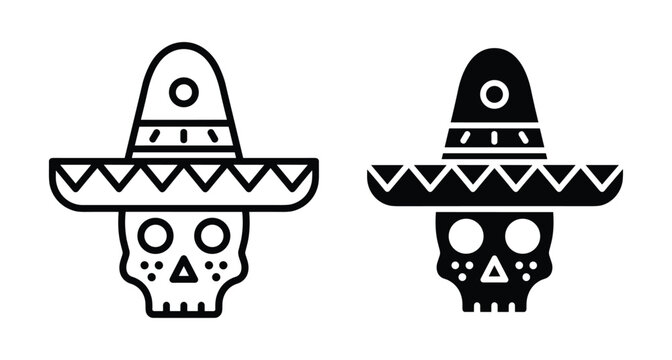 Mexican sugar skull wearing sombrero hat icon set for Day of the Dead celebration and traditional holiday culture design elements