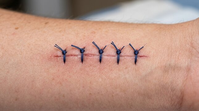Surgical Interrupted Sutures Row on Forearm Skin Wound Closure Laceration Repair