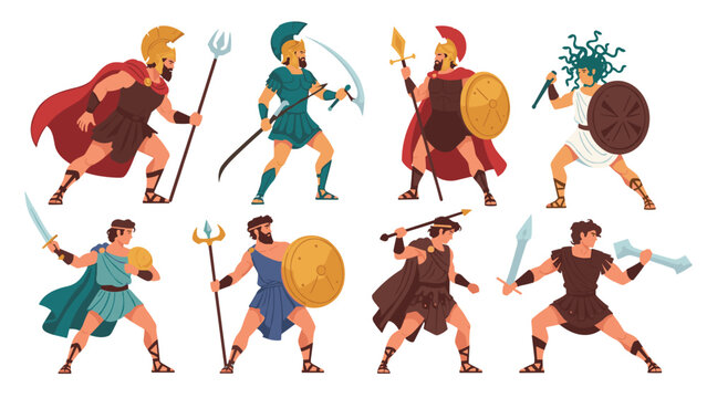 Ancient Greek warriors and heroes in various dynamic battle poses equipped with swords, spears, and shields for history themed designs.