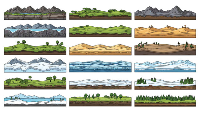 Pixel art style horizontal landscapes of different biomes including mountains, forests, deserts, and arctic plains for retro video game design.