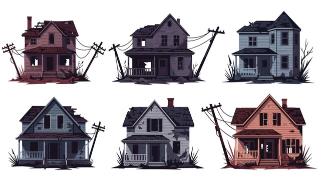 Set of several spooky abandoned wooden houses with broken windows and overgrown grass in a dark pixel art or vintage style.
