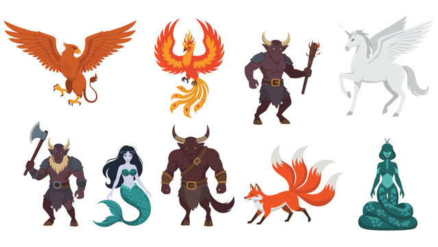 Collection of mythical creatures and legendary beasts like a griffin, phoenix, minotaur, mermaid, and unicorn for fantasy storytelling.