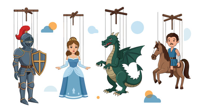 Set of classic wooden string puppets featuring fantasy characters such as a knight, princess, dragon, and a prince on horseback.