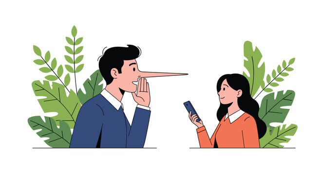 Untrustworthy man with a long Pinocchio nose whispering to a woman holding a phone, symbolizing deception and gossip.