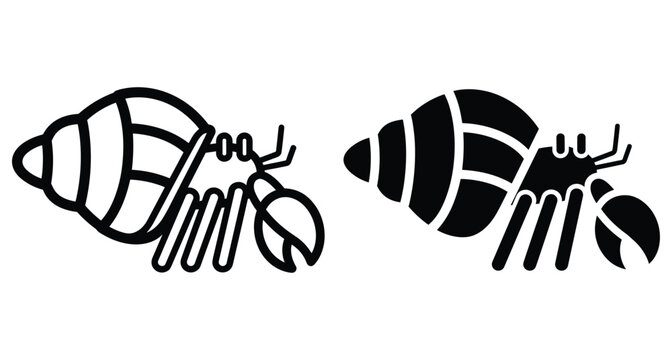 Hermit crab icon set featuring outline and solid silhouette styles of a crustacean with a spiral shell for marine design
