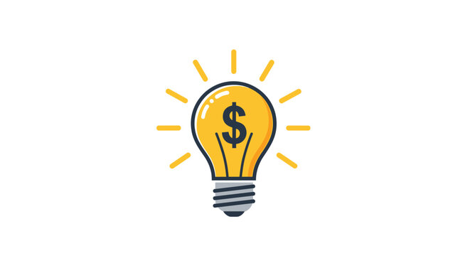 Glowing bright yellow light bulb with a dark dollar sign inside representing a profitable business idea or solution.