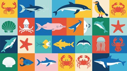 Fototapeta premium Minimalist vector icon set of twenty-five sea creatures on colorful square background tiles