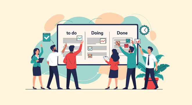 Office team using a kanban task board divided into sections of to do, doing, and done to manage their business workflow.