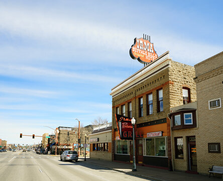 Cody, WY - USA - 5-6-2026: Buffalo Bill's Irma Hotel and Restaurant in downtown Cody, Wyoming