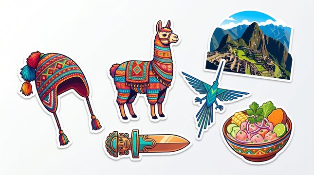 Colecci&oacute;n de Pegatinas de Cultura Peruana - Iconos Tradicionales de Llama, Machu Picchu y Arte Andino sobre Fondo Blanco