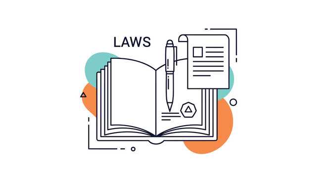 Laws concept icon featuring an open notebook, a blue pen, and a document with legislative text on a colorful background.