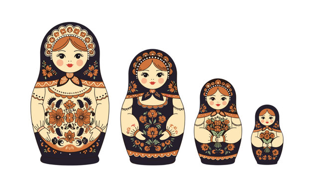 Set of four traditional Russian nesting dolls decorated with beautiful floral patterns and folk art designs on white background.