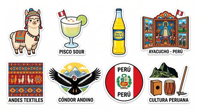 Colecci&oacute;n de Pegatinas de Cultura Peruana - Iconos Tradicionales de Llama, Machu Picchu y Arte Andino sobre Fondo Blanco