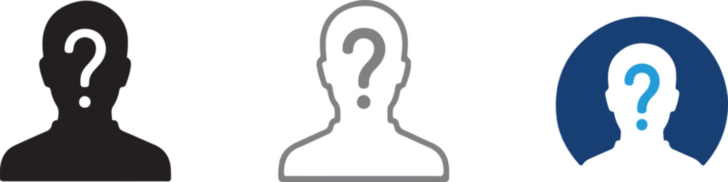 Unknown male user avatar icon, hand drawn vector illustration of person with question mark, profile placeholder symbol on transparent background.