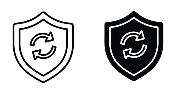 Security shield icon set with circular refresh arrows representing data protection system updates and continuous safety monitoring for digital privacy