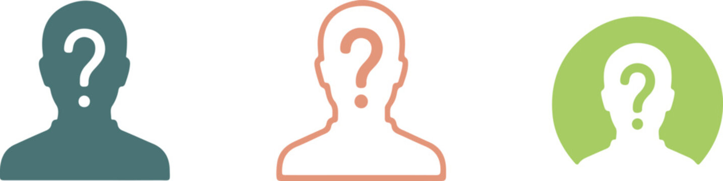 Male user avatar icon set, hand drawn vector illustration of anonymous person with question mark, profile placeholder symbol on transparent background.