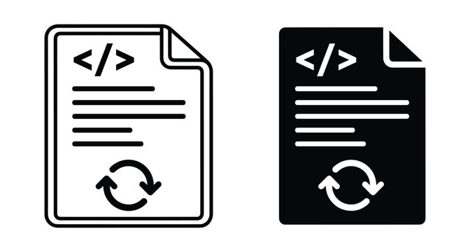 Programming code file synchronization icon set showing script document with refresh arrows for web development software update and data processing