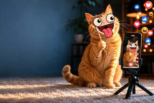 A cat holds a funny mask for a social video. Space for text.