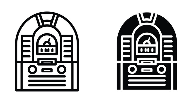 Jukebox icon set featuring retro music player designs in outline and solid styles for vintage audio entertainment and nostalgic media