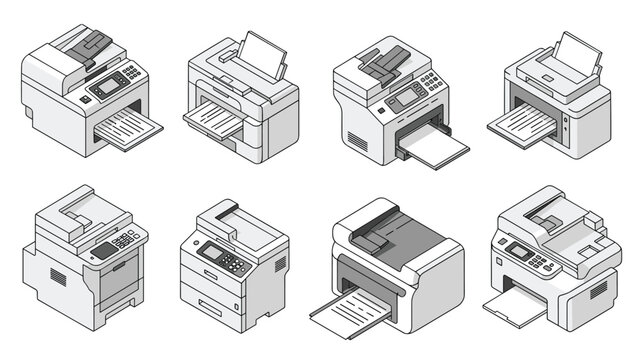 Isometric views of various modern office printers and multi-function copiers in grey tones for professional business environments.