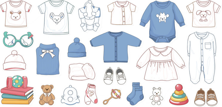 Cute Cartoon Baby Clothing and Toys Vector Set Featuring Adorable Romper Jumpsuit Dress Tshirts Teddy Bear Rattle and Newborn Accessories Pack