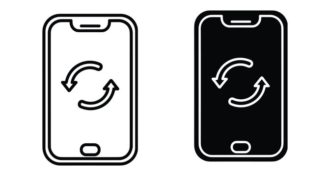 Smartphone sync icon set featuring mobile phone device with circular refresh arrows for data update backup and system synchronization process