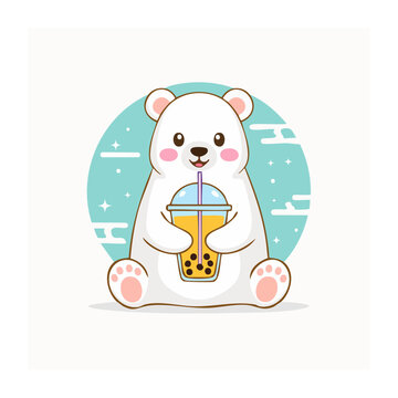 Cute polar bear holding a bubble tea drink