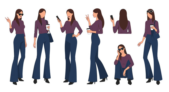 Beautiful fashionable young woman shown in various stylish poses wearing dark blue flared pants and a purple top.