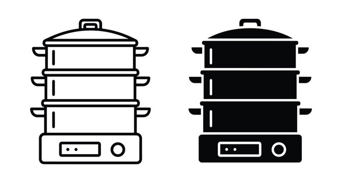 electric food steamer kitchen appliance icon set with three tiers for healthy cooking steam vegetable meat fish preparation equipment