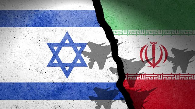 Flag of Israel and Iran painted on a concrete wall with airplane shadows