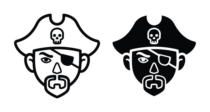 Pirate captain head icon set with tricorn hat skull eye patch beard mustache outline and solid vector graphic design