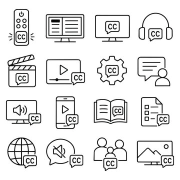 Subtitle Accessibility Outline Icon Set. Digital media translation graphics represent inclusive communication for deaf viewers using closed captions on diverse electronic devices