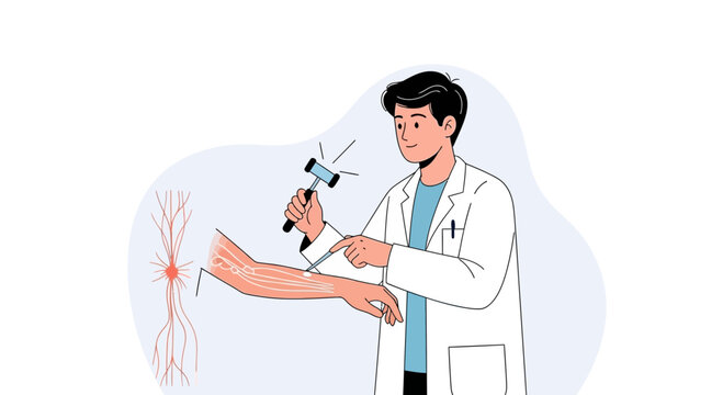 Doctor performing reflex test on patient's arm with reflex hammer, showing neural pathway illustration.