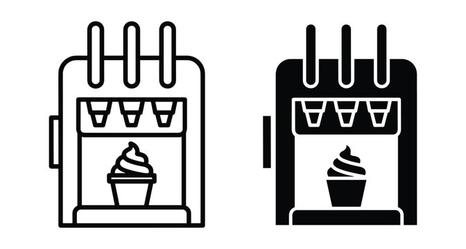 Soft serve ice cream machine icon set with outline and solid glyph styles for frozen yogurt dispenser and dessert shop equipment