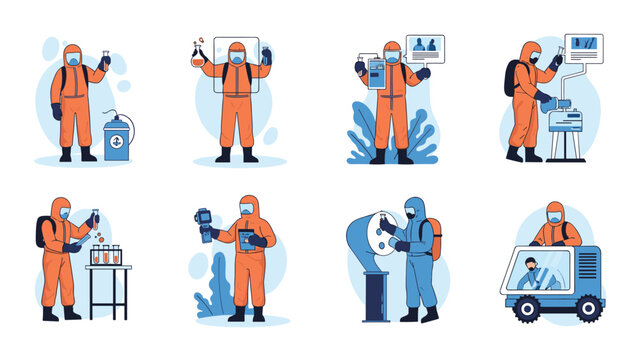 Professionals working in hazardous environments wearing orange and blue protective hazmat suits while performing laboratory research.