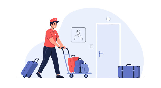 Friendly hotel porter or bellboy with luggage cart in a hallway, assisting guests with their bags and navigating hotel services.