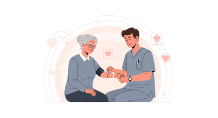 Fototapeta premium Healthcare professional checks elderly woman's blood pressure, symbolizing care, health, and medical support.