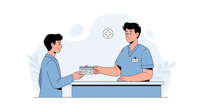 Healthcare professional handing a visitor pass to a patient at a reception desk, medical service illustration