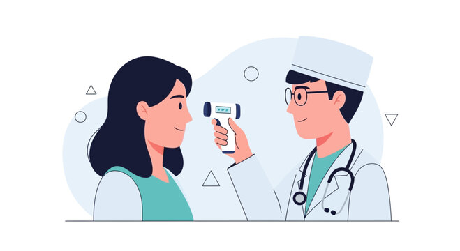 Doctor takes patient's temperature with an infrared thermometer during medical checkup. Healthcare concept illustration.