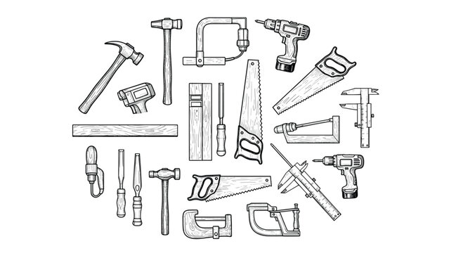Extensive collection of hand-drawn woodworking and construction tools such as hammers, saws, drills, and chisels in a circular layout.