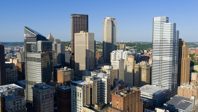 Aerial shot of Skyscrapers and office buildings in the skyline in Pittsburgh Pennsylvania USA