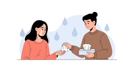 Fototapeta premium Kindness and Empathy: Person offering tissue to crying individual, symbolizing support and comfort during sadness.