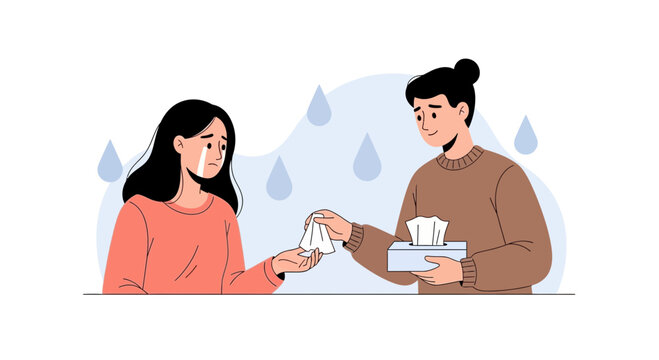Kindness and Empathy: Person offering tissue to crying individual, symbolizing support and comfort during sadness.